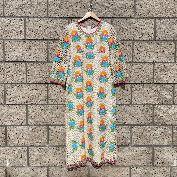 VTG *RARE* Handmade 1960s Maxi Empire Waist Bell Sleeve Lace Floral Dress - Picture 2 of 11